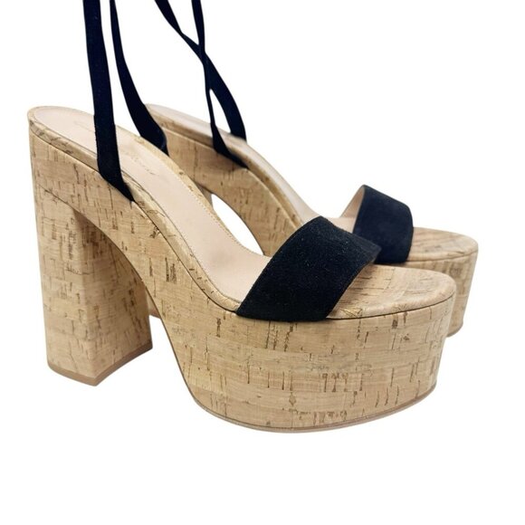 Gianvito Rossi size 39 9 Cork Platform Sandals Ankle Tie Strap Black Suede shoes - Picture 6 of 14